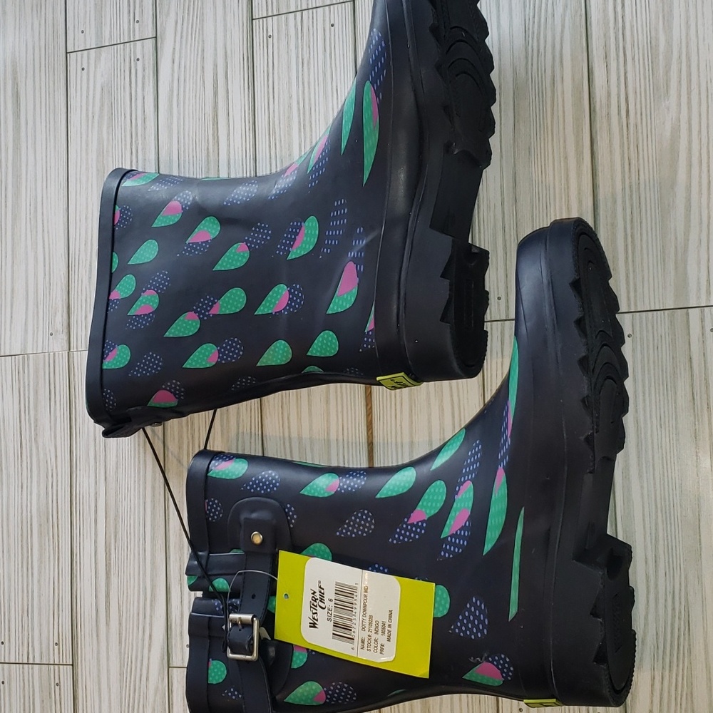 Western Chief Rubber Rain Boots Dotty Downpour Indigo 6 nwt - Picture 3 of 8